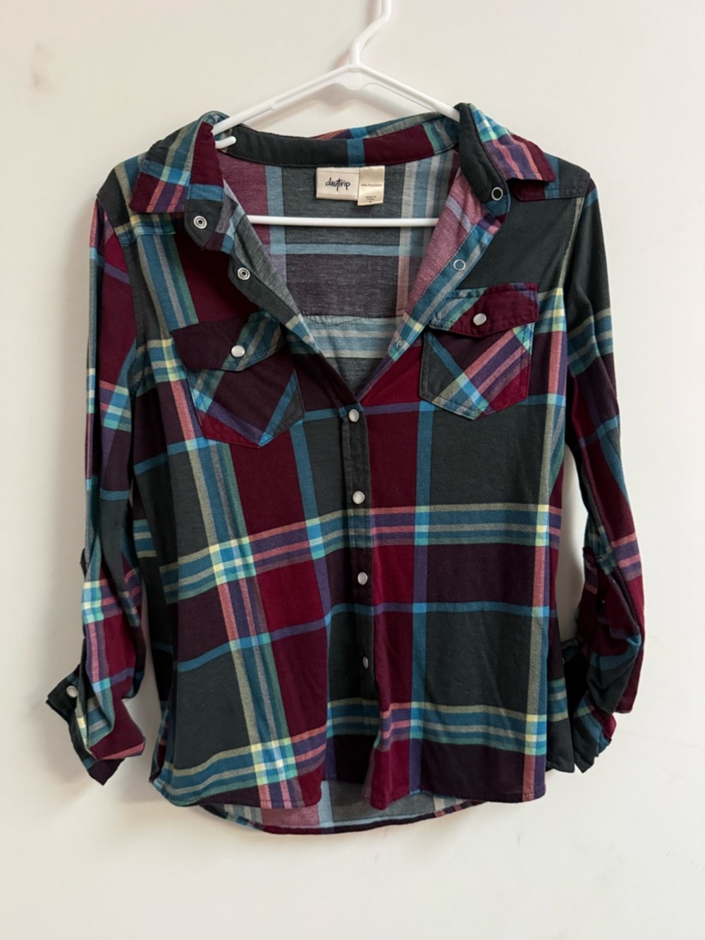 Daytrip Plaid Button-Up Shirt in Burgundy, Teal, Gray